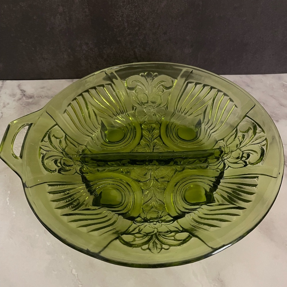 Vintage Indiana Glass Avocado Green Divided Relish Dish